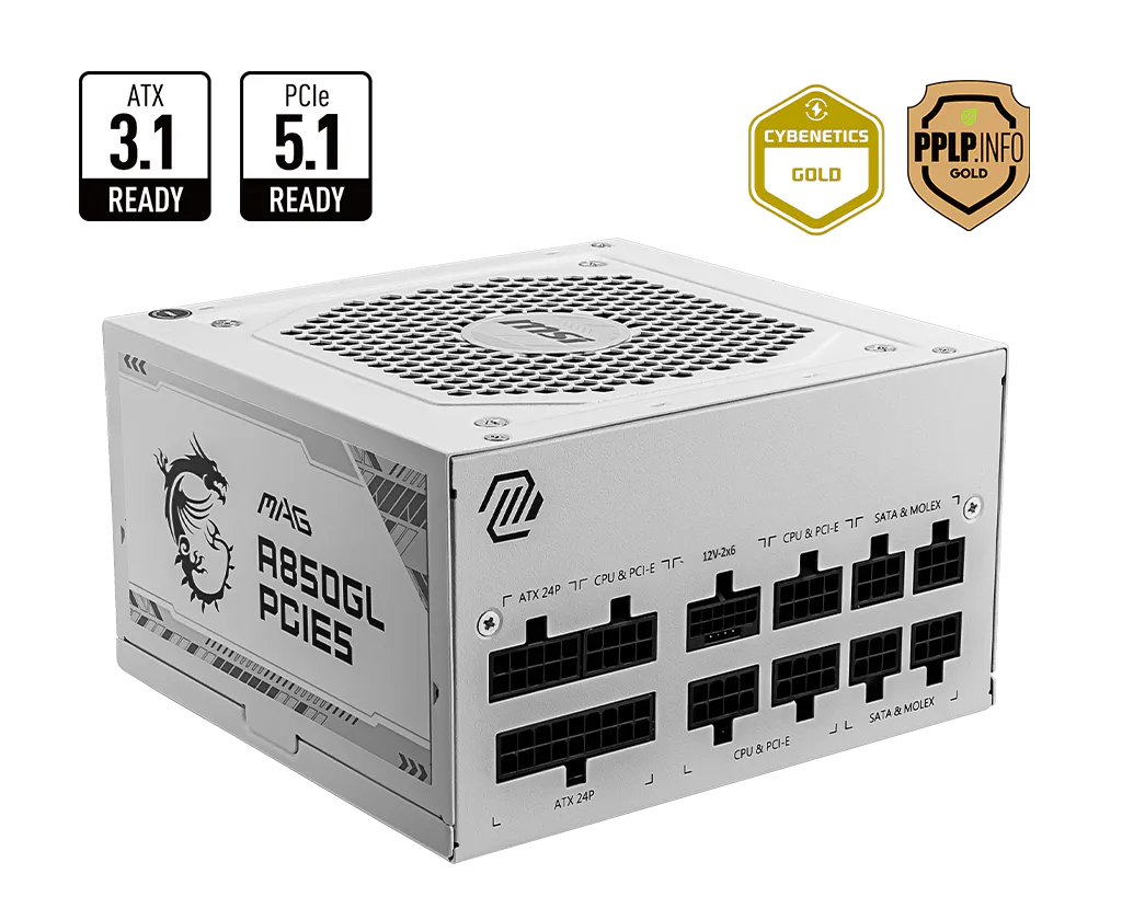 MSI MAG A850GL PCIE5 850W 80 PLUS Gold Fully Modular Power Supply – White
