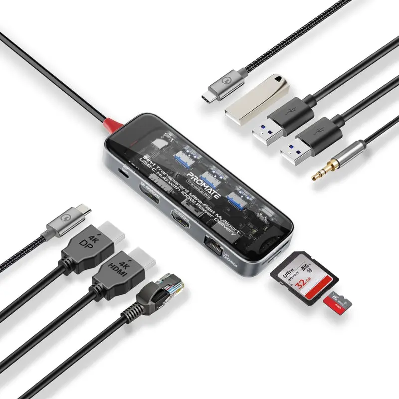Promate 11-in-1 Transparent Ultra-Fast Multiport USB-C Hub with 100W Power Delivery (TransHub-Pro)4789