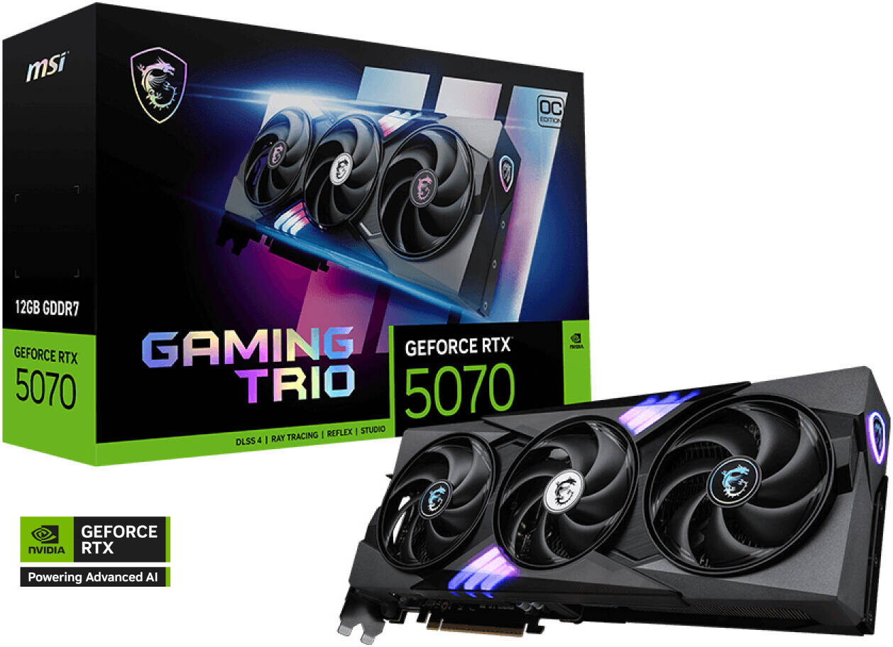 MSI GeForce RTX 5070 Gaming Trio OC Graphics Card, 12GB GDDR7 192-Bit Memory, 2610 MHz Boost Clock, 6144 CUDA Cores, 28 Gbps Memory Speed, PCI Express Gen 5