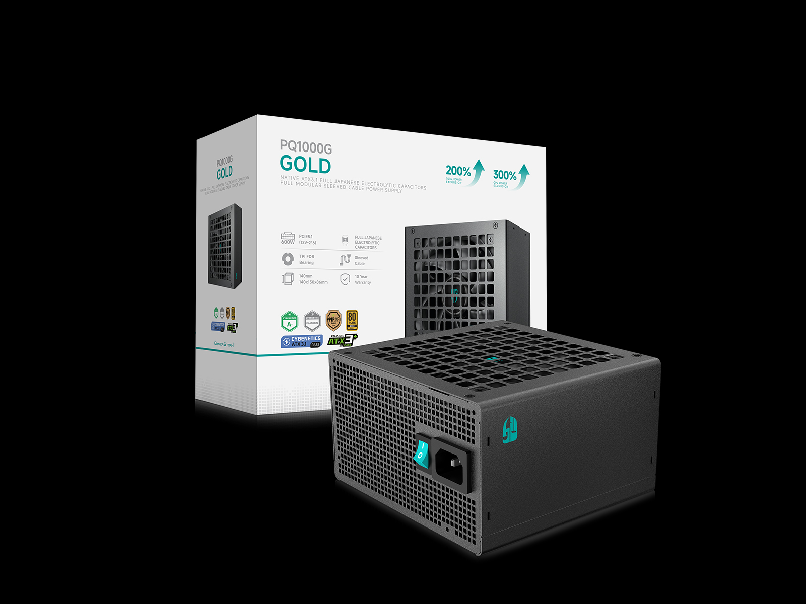 DeepCool PQ1000G Fully Modular Power Supply, 1000W Power, 80 PLUS Gold Efficiency, Fluid Dynamic Bearing Fan, Full Japanese Electrolytic Capacitors, ATX12V V3.1 Type, Black