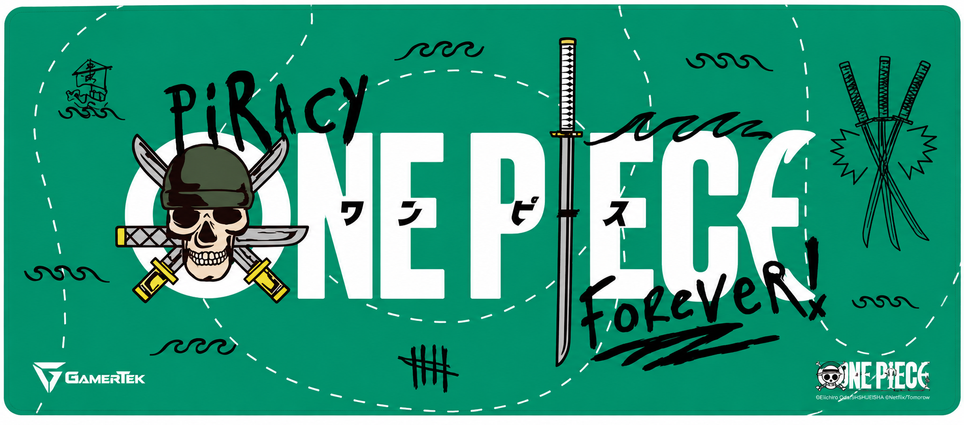 GamerTek x One Piece Zoro Edition Gaming Desk Mouse Pad,XL,Smooth Micro Woven Surface,Non Slip Rubber Base,Water Resistant Design,Stitched Edges,Green 0358