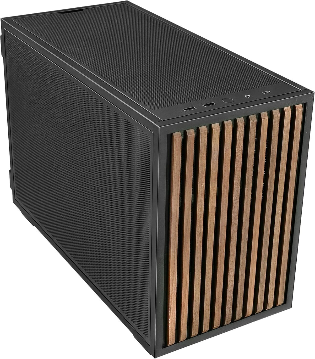 Lian-Li B4-mATX Wood Computer Case, 2x 120mm Pre-installed Fans, Supports 360mm Radiator, 140mm ATX PSU, Steel Wood Material, Magnetic Filter, Black | B4X-WD
