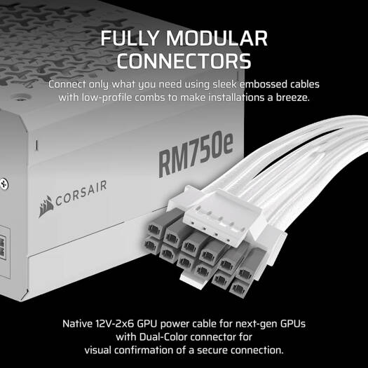 Corsair RMe Series RM750e Fully Modular Low-Noise ATX Power Supply, 750W Power, 80 PLUS Gold Efficiency, 120mm Rifle Bearing Fan, Zero RPM Fan Mode, ATX 3.1 Certified, White