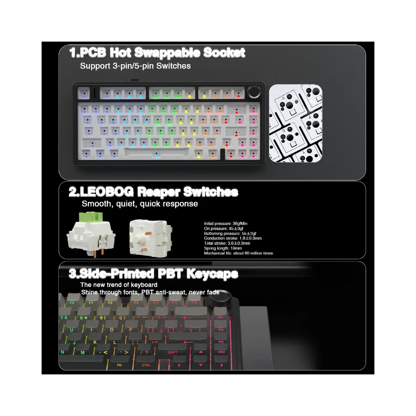 AULA F75 Pro Wireless Mechanical Gaming Keyboard – Gradient Black, LEOBOG Reaper Switch, RGB, Tri-Mode 9791