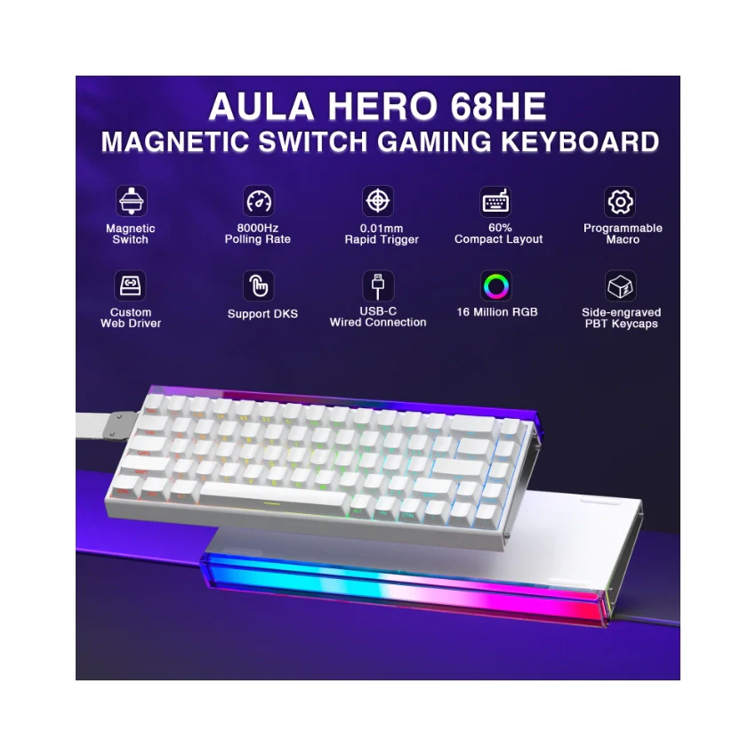 AULA Hero 68 HE Wired Hall Effect Magnetic Gaming Keyboard – White Side-Printed Keycaps, Shape Magnetic Switch 4180