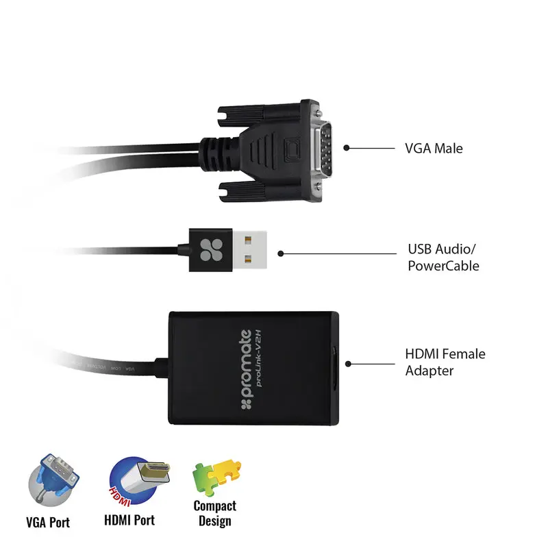 Promate VGA-to-HDMI® Adaptor Kit with Audio Support (proLink-V2H)2871
