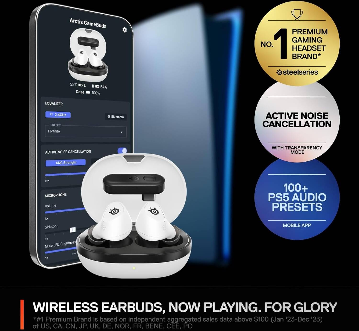 SteelSeries Arctis Gamebuds for PlayStation, Neodymium Magnetic Drivers, 4 mic Hybrid Active Noise Cancellation, Bluetooth 5.3 & Quick Switch 2.4GHz Connectivity, Up to 40 Hours, Black | 61680