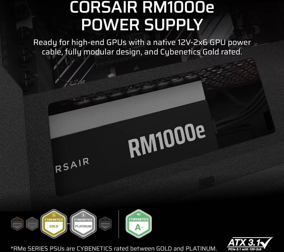 Corsair RMe Series RM1000e V3 Fully Modular Low-Noise ATX Power Supply, 1000W Power, 80 PLUS Gold Efficiency, 120mm Rifle Bearing Fan, Zero RPM Fan Mode, ATX 3.1 Certified, Black