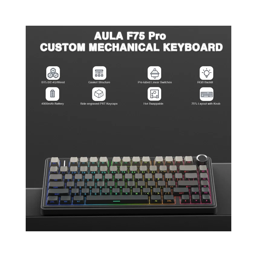AULA F75 Pro Wireless Mechanical Gaming Keyboard – Gradient Black, LEOBOG Reaper Switch, RGB, Tri-Mode 9791