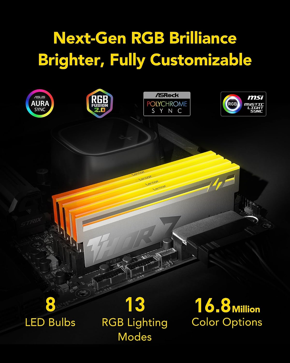Lexar THOR RGB 2nd Gen DDR5 Desktop Memory, 32GB (2x 16GB) Capacity, 6000 MT/s Speed, CL38 CAS Latency, 288-Pin, Intel XMP 3.0 & AMD EXPO Silver | LD5U16G60C38BV-RGD