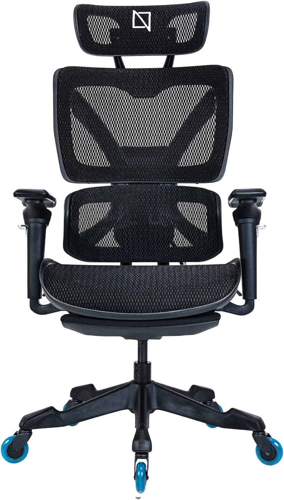 Navo Apex X Gaming Chair, Breathable Mesh Seat with Adjustable Depth, Adjustable Angle Lumbar Support, 3D Headrest Adjustment, 5D Armrests, Hidden/Retractable Footrest, Blue Wheels | APEX-X-BK-WBL