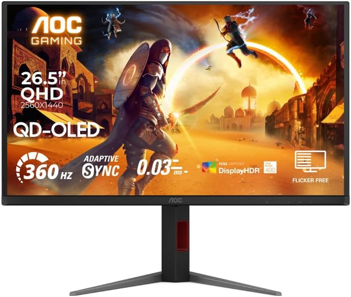 AOC Q27G4SD Gaming Monitor 27-inch QHD 2560×1440, QD-OLED, 360Hz Refresh Rate, 0.03ms Response Time, DisplayHDR True Black 400, Adaptive Sync, HDMI 2.1, Black & Red