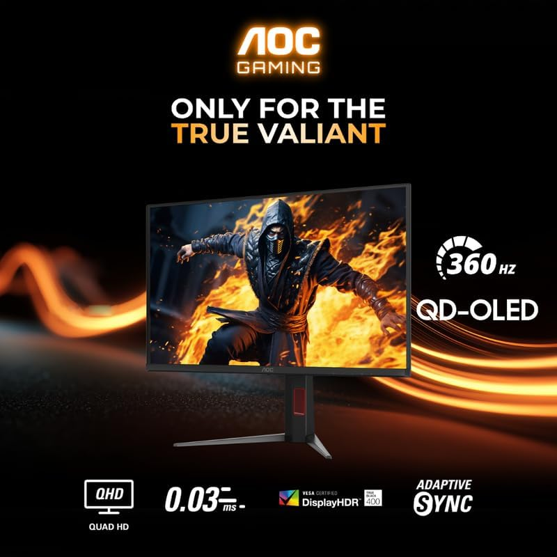 AOC Q27G4SD Gaming Monitor 27-inch QHD 2560×1440, QD-OLED, 360Hz Refresh Rate, 0.03ms Response Time, DisplayHDR True Black 400, Adaptive Sync, HDMI 2.1, Black & Red