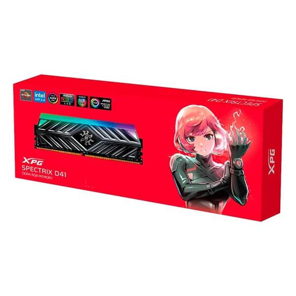 Adata XPG Spectrix D41 RGB 8GB RGB Desktop Memory, 4133MHz Memory Speed, CL19 CAS Latency, U-DIMM 288-Pin, 1.35 V Operation, Support Intel XMP 2.0, Gray | AX4U41338G19J-ST41