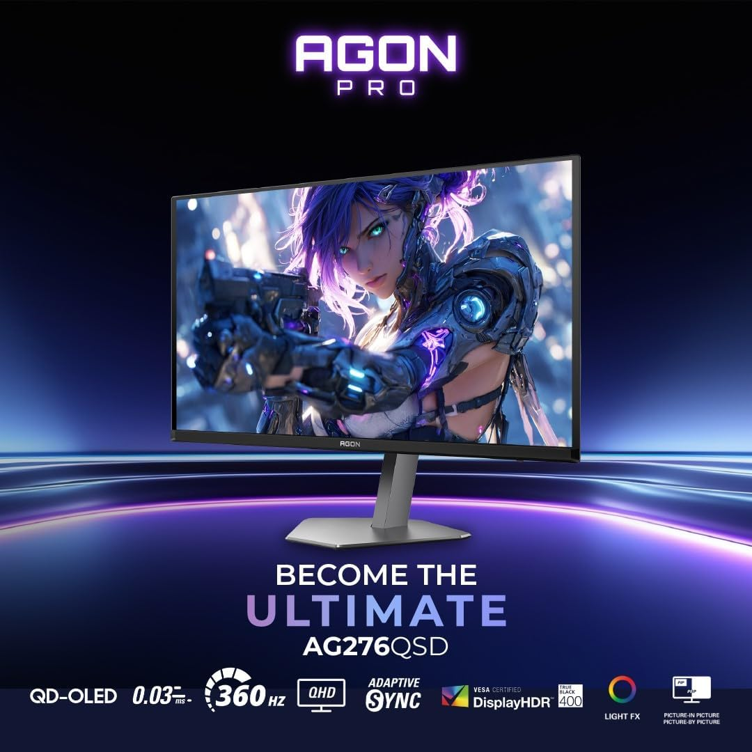 AGON PRO , 27'' QD-OLED Gaming Monitor, 2560×1440 PX, QD-OLED, 360Hz refresh rate, 0.03MS GtG, PBP/PIP, HDMI 2.1x2, Display Port 1.4x2, Adaptive Sync, Light FX, Sniper Scope, Height Adjustment