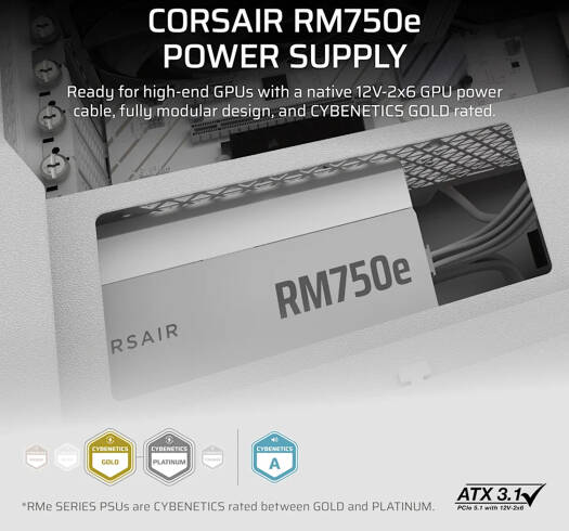Corsair RMe Series RM750e Fully Modular Low-Noise ATX Power Supply, 750W Power, 80 PLUS Gold Efficiency, 120mm Rifle Bearing Fan, Zero RPM Fan Mode, ATX 3.1 Certified, White