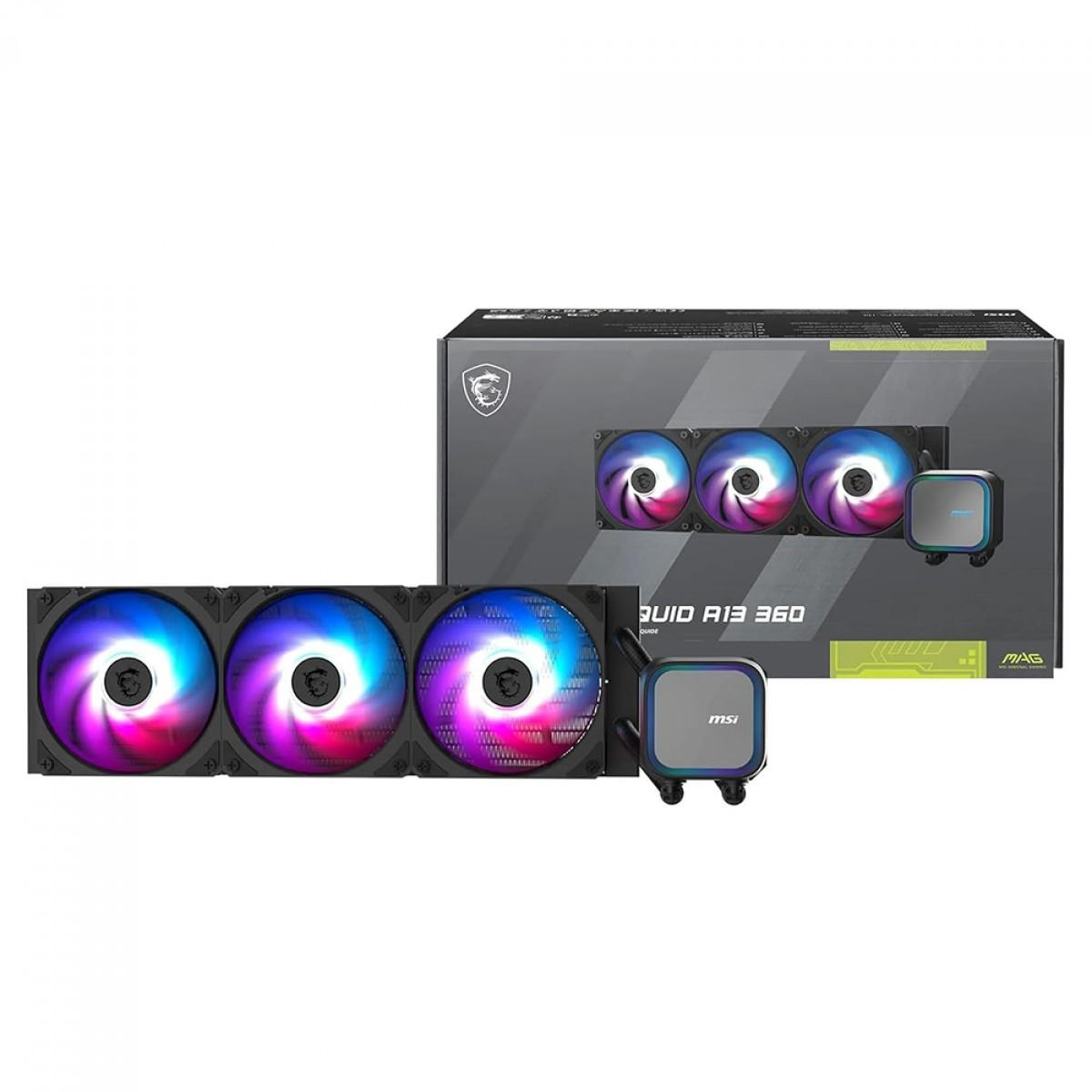 MSI MAG CORELIQUID A13 360 Black is a 360mm AIO liquid CPU cooler with 3 × 120mm ARGB fans. MSI specifies 62.6 CFM airflow, a 3800 RPM 10% pump, copper cold plate, and support for Intel LGA1700/LGA1851 and AMD AM4/AM5