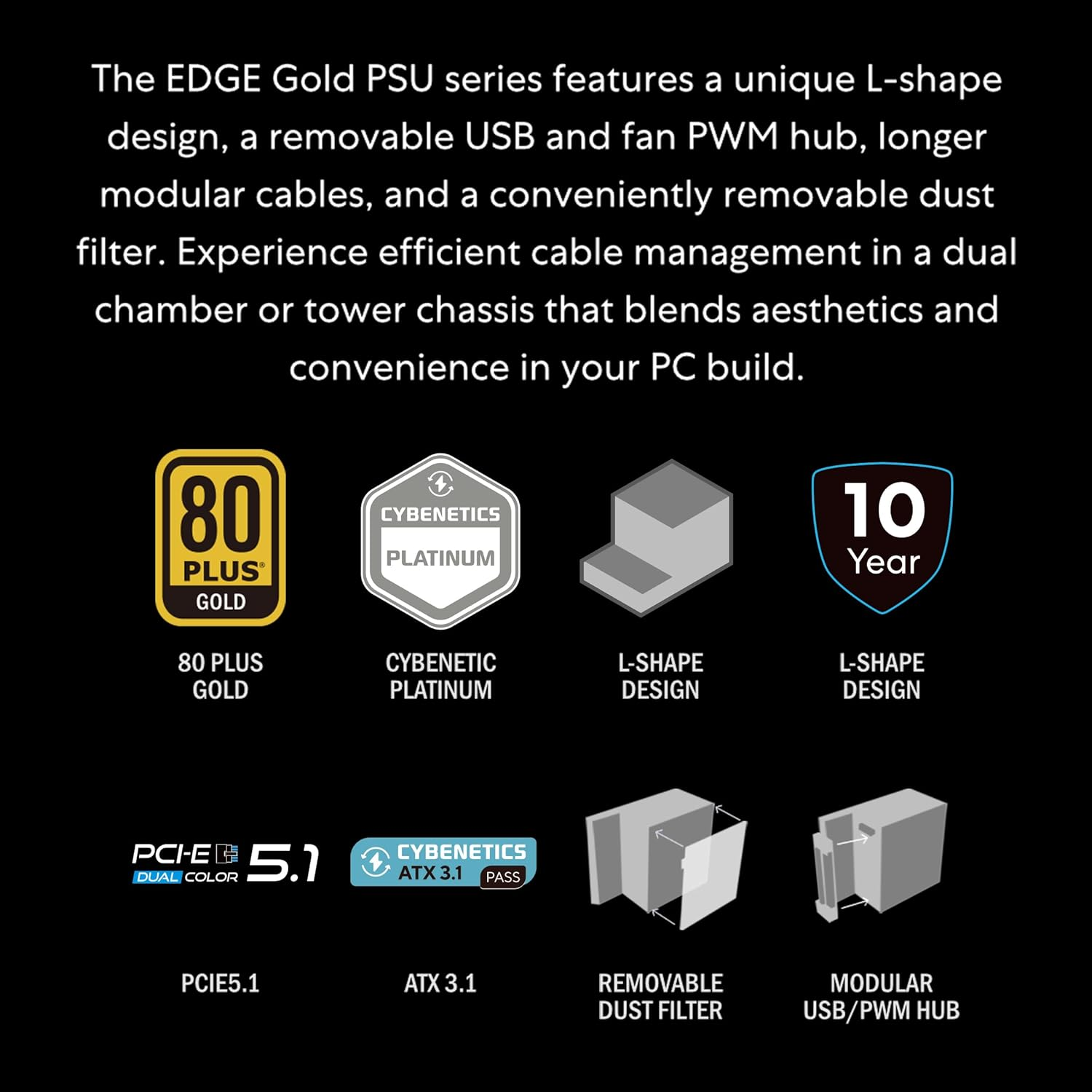 Lian-Li EDGE GOLD Fully Modular Power Supply, 1000W Power, 80 PLUS Gold Efficiency, 120mm FDB Fan Type, Active PFC, ATX 3.1 Form Factor, 2400 RPM Fan Speed, White