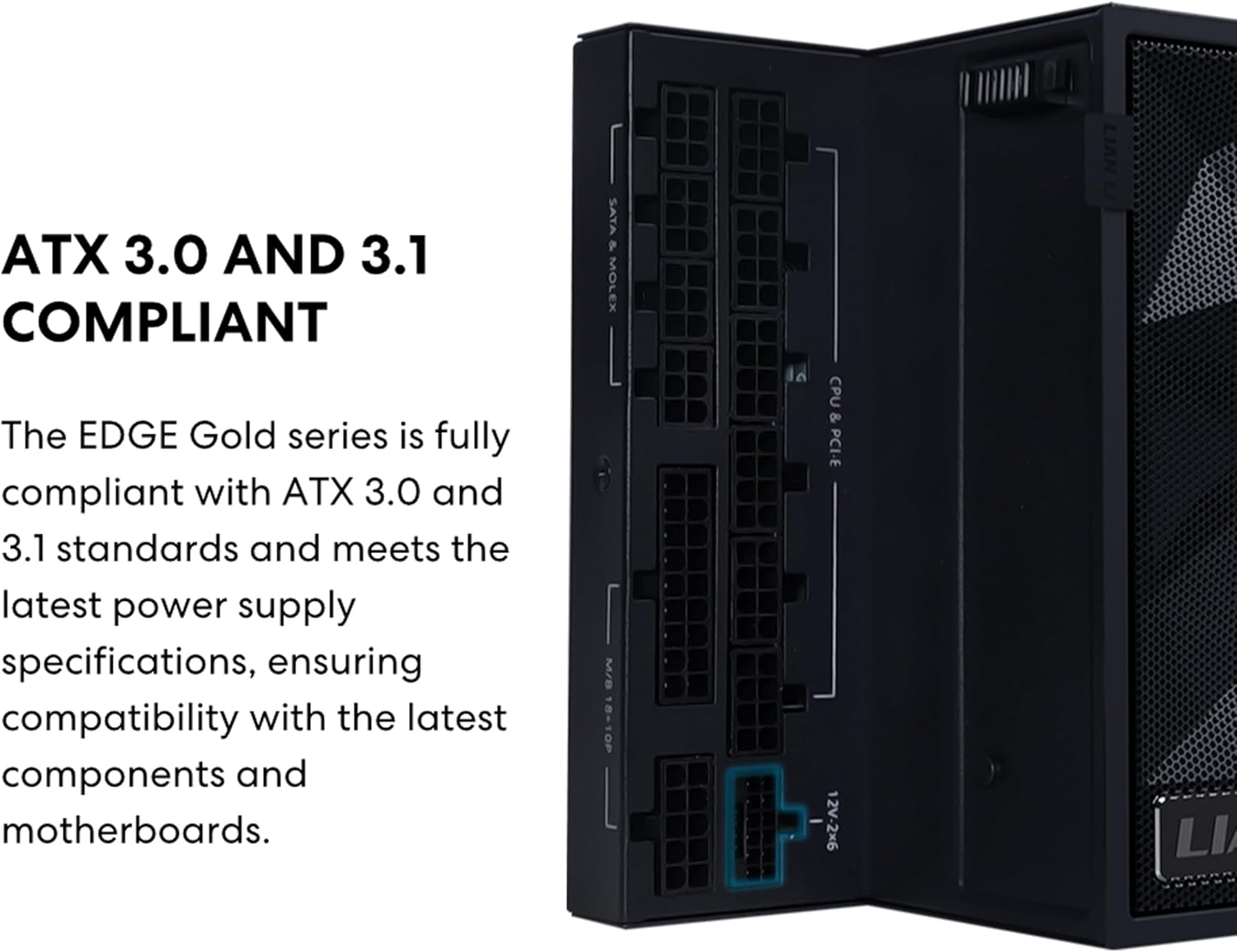 Lian-Li EDGE GOLD Fully Modular Power Supply, 1000W Power, 80 PLUS Gold Efficiency, 120mm FDB Fan Type, Active PFC, ATX 3.1 Form Factor, 2400 RPM Fan Speed, White