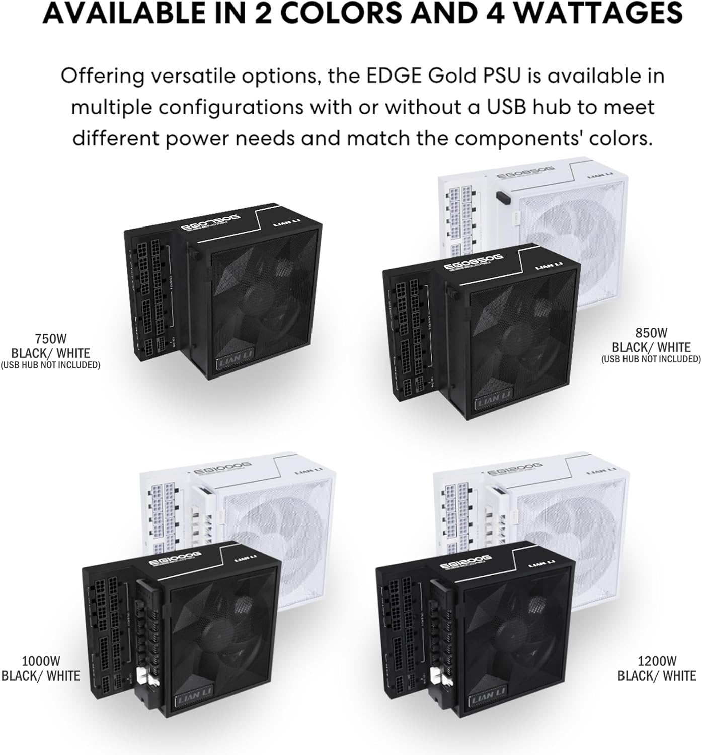 Lian-Li EDGE GOLD Fully Modular Power Supply, 1000W Power, 80 PLUS Gold Efficiency, 120mm FDB Fan Type, Active PFC, ATX 3.1 Form Factor, 2400 RPM Fan Speed, White
