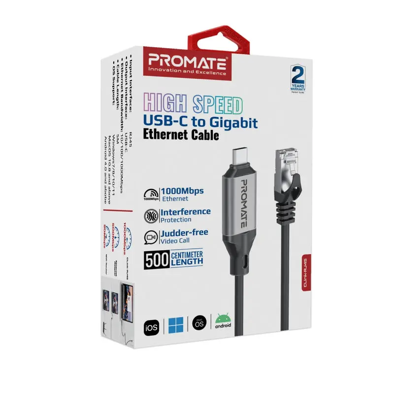 Promate High-Speed USB-C to Gigabit Ethernet Cable 5meter (CLink-RJ45)6189