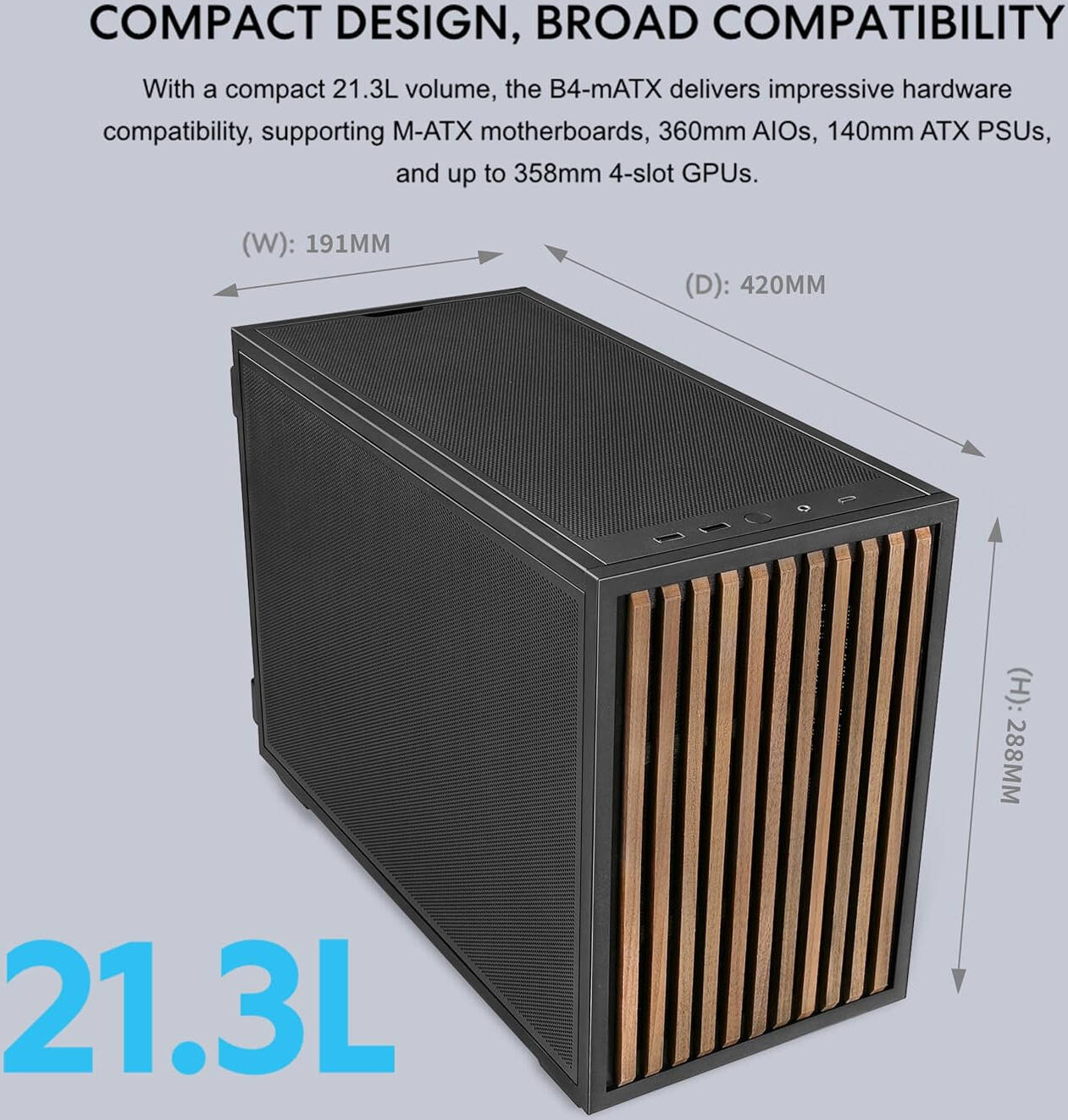 Lian-Li B4-mATX Wood Computer Case, 2x 120mm Pre-installed Fans, Supports 360mm Radiator, 140mm ATX PSU, Steel Wood Material, Magnetic Filter, Black | B4X-WD