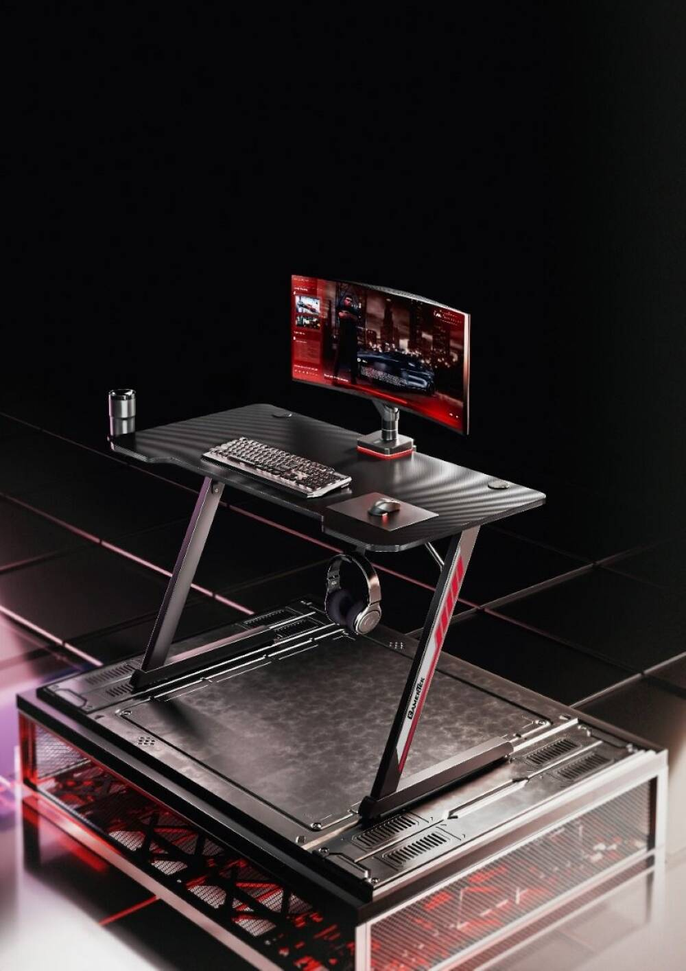GamerTek Z Desk, 120x60cm, Desk Stabilizers, Integrated Headset Holder & Cup Holder, Gaming Desk For Streaming, Workstation Setups, High Quality, Minimal Modern Design, Black | Z Desk