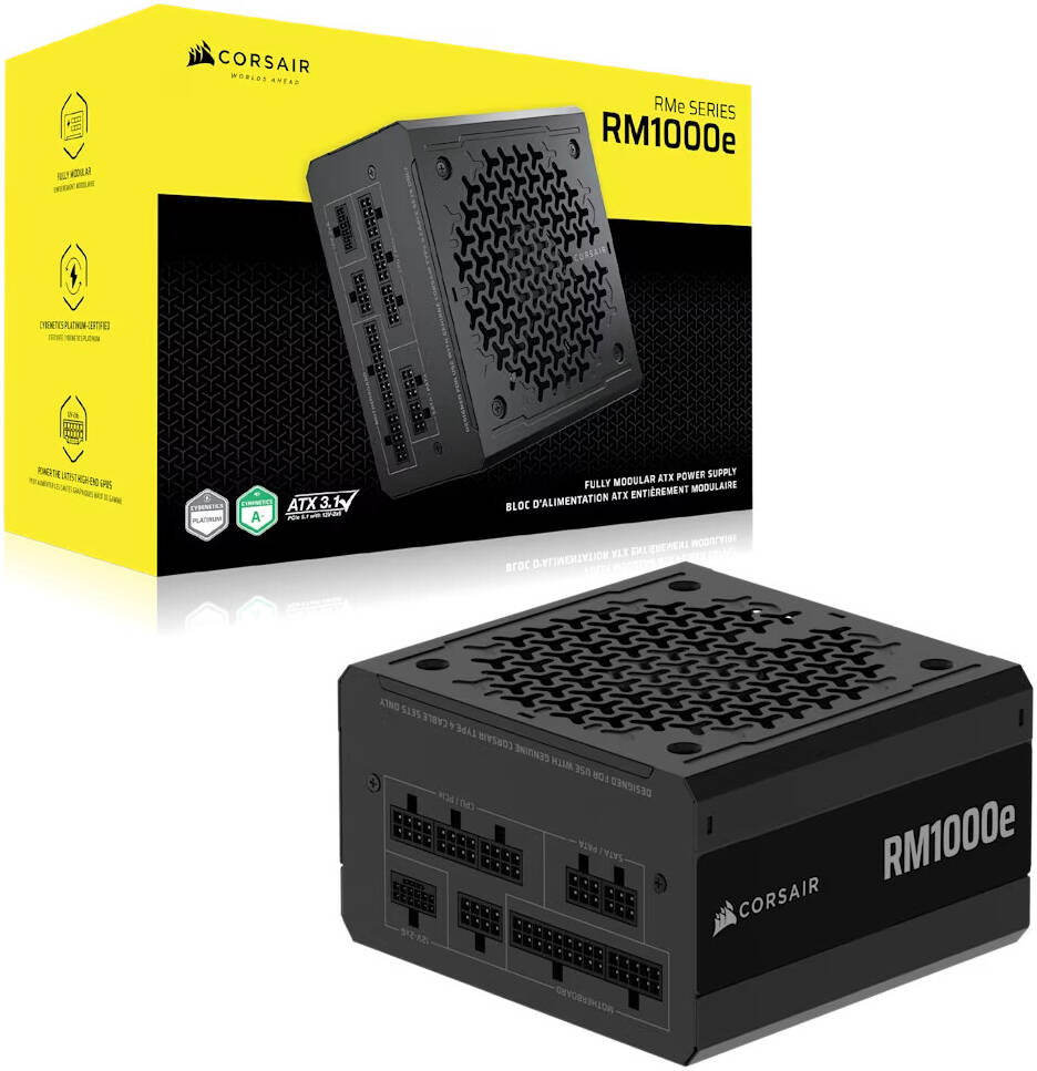 Corsair RMe Series RM1000e V3 Fully Modular Low-Noise ATX Power Supply, 1000W Power, 80 PLUS Gold Efficiency, 120mm Rifle Bearing Fan, Zero RPM Fan Mode, ATX 3.1 Certified, Black