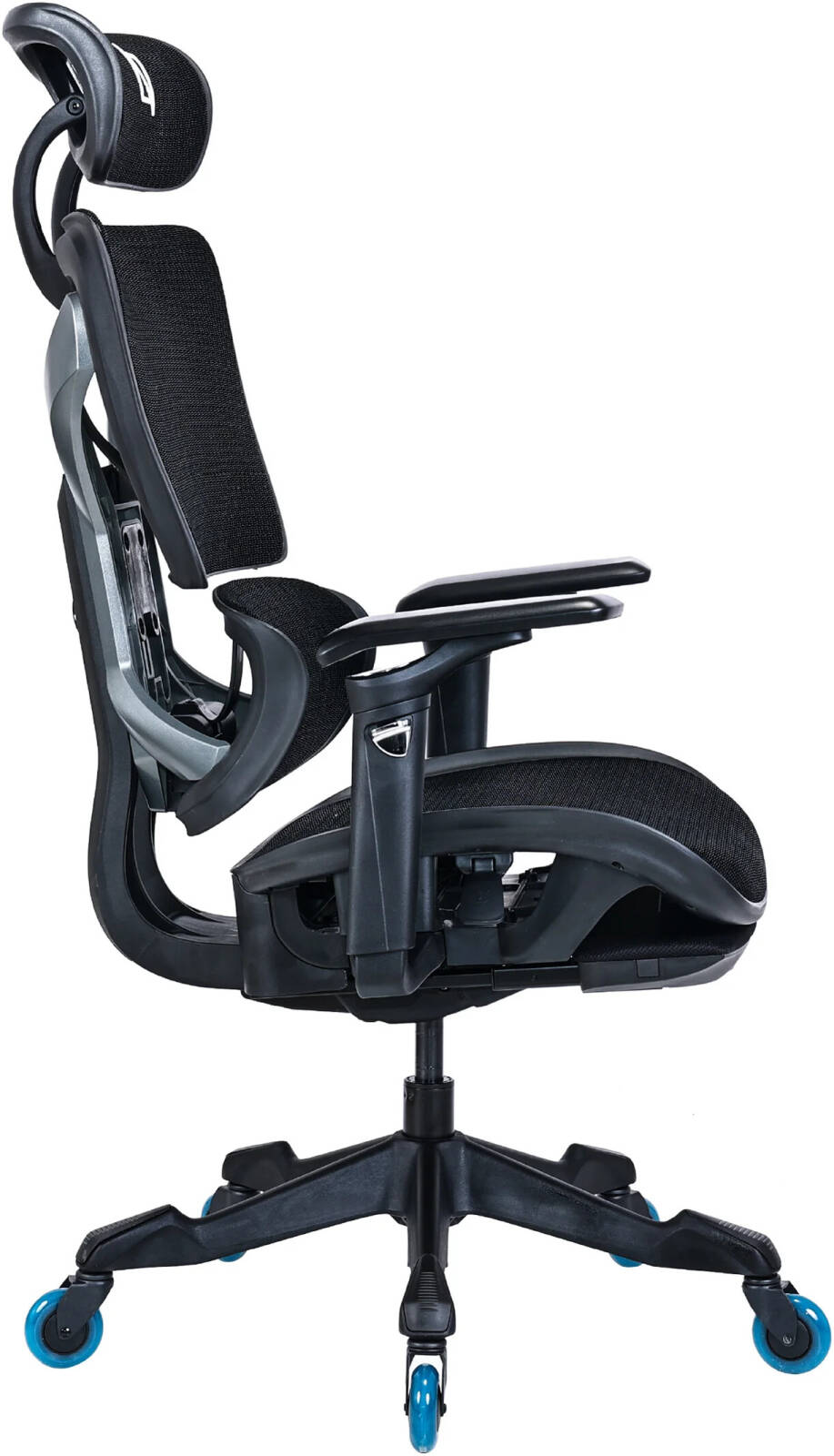 Navo Apex X Gaming Chair, Breathable Mesh Seat with Adjustable Depth, Adjustable Angle Lumbar Support, 3D Headrest Adjustment, 5D Armrests, Hidden/Retractable Footrest, Blue Wheels | APEX-X-BK-WBL