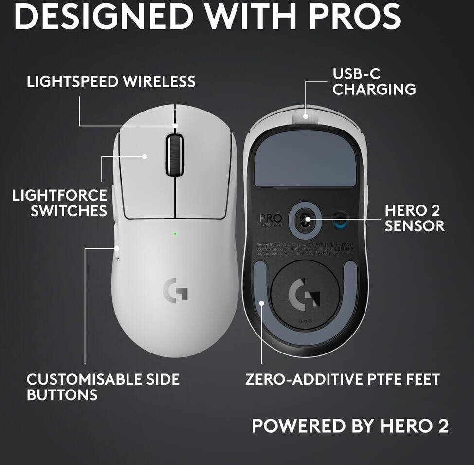 Logitech G Pro X Superlight 2c Wireless Gaming Mouse, 5 Buttons, 44K DPI, HERO 2 Sensor, 888 IPS Speed, white