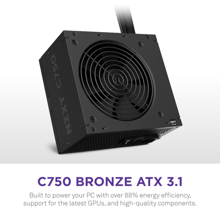 NZXT C750 Bronze 750W ATX Power Supply, 750 Watts Capacity, 80 Plus Bronze Certified, Non-Modular Design, 120mm FDB Fan, Matte Black-Sleeved Main Cables, Black