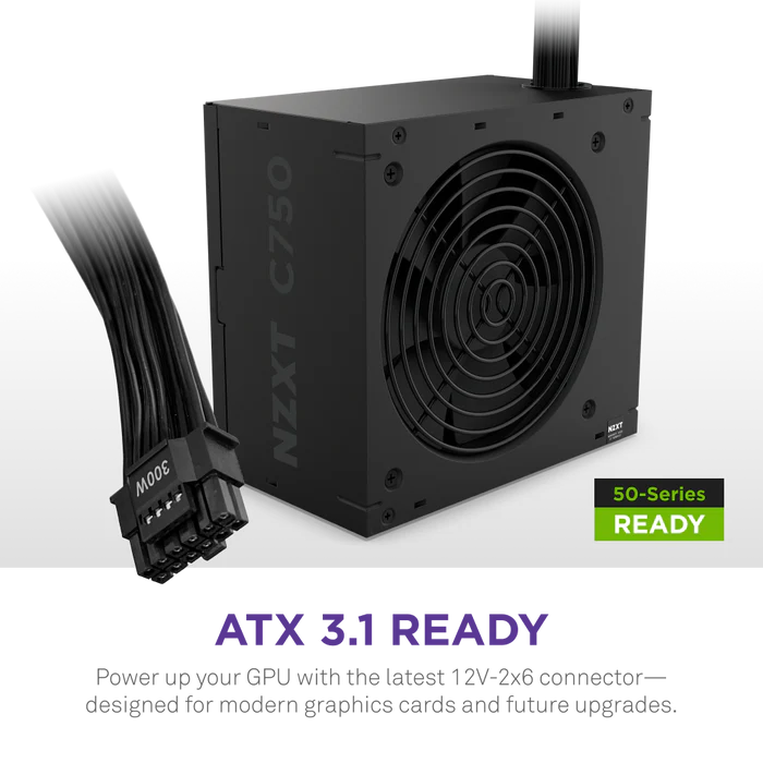 NZXT C750 Bronze 750W ATX Power Supply, 750 Watts Capacity, 80 Plus Bronze Certified, Non-Modular Design, 120mm FDB Fan, Matte Black-Sleeved Main Cables, Black