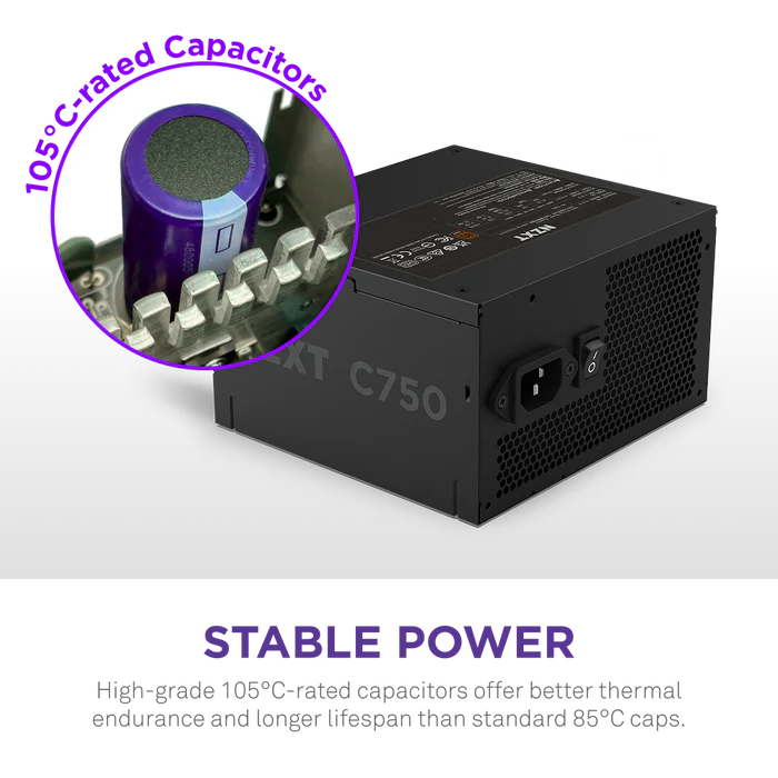 NZXT C750 Bronze 750W ATX Power Supply, 750 Watts Capacity, 80 Plus Bronze Certified, Non-Modular Design, 120mm FDB Fan, Matte Black-Sleeved Main Cables, Black