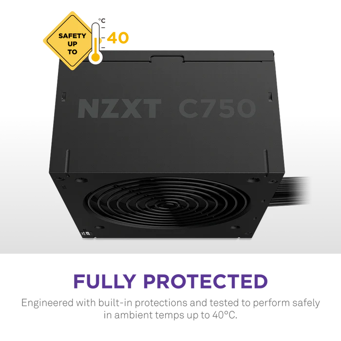 NZXT C750 Bronze 750W ATX Power Supply, 750 Watts Capacity, 80 Plus Bronze Certified, Non-Modular Design, 120mm FDB Fan, Matte Black-Sleeved Main Cables, Black