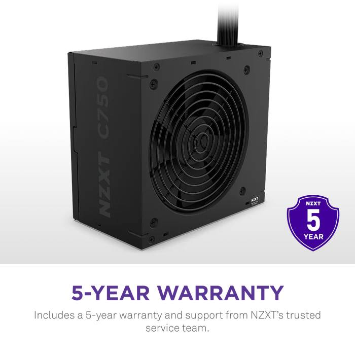NZXT C750 Bronze 750W ATX Power Supply, 750 Watts Capacity, 80 Plus Bronze Certified, Non-Modular Design, 120mm FDB Fan, Matte Black-Sleeved Main Cables, Black