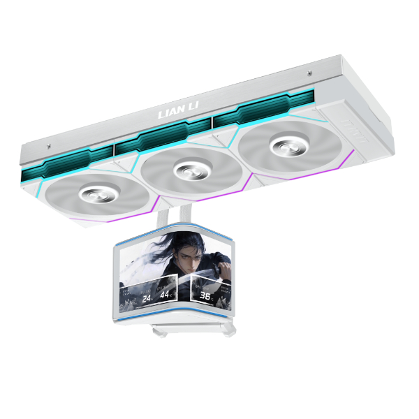 Lian-Li HydroShift II OLED Curved Liquid CPU Cooler, 360mm Radiator, 3x UNI FAN P28 V2 Fans, 6.67″ 2K 60Hz Curved OLED Display, 3000 RPM Fan Speed, white