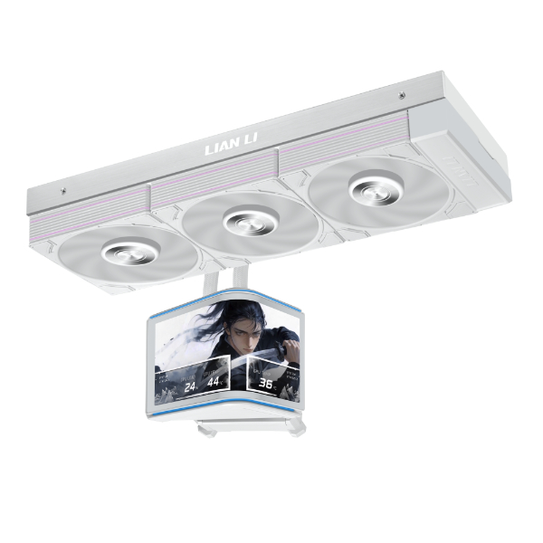Lian-Li HydroShift II OLED Curved Liquid CPU Cooler, 360mm Radiator, 3x UNI FAN P28 V2 Fans, 6.67″ 2K 60Hz Curved OLED Display, 3000 RPM Fan Speed, white