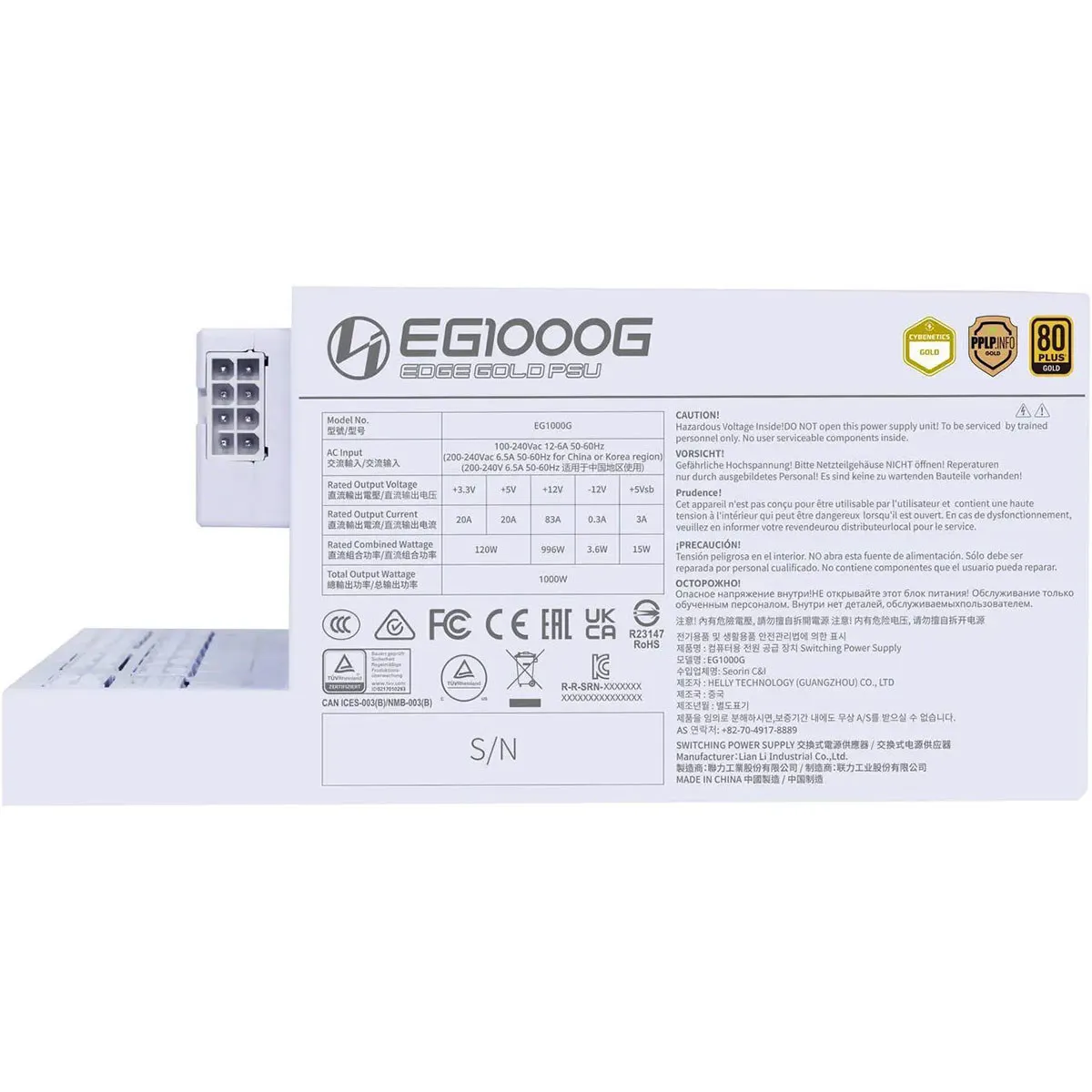 Lian-Li EDGE GOLD Fully Modular Power Supply, 1000W Power, 80 PLUS Gold Efficiency, 120mm FDB Fan Type, Active PFC, ATX 3.1 Form Factor, 2400 RPM Fan Speed, White