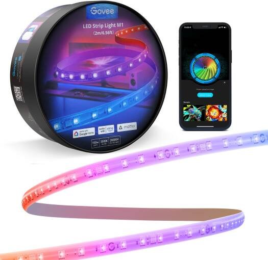 Govee LED Strip Light M1 Matter Compatible, 4-in-1 RGBIC+ Technology, 60 LEDs/m, M1 Matter Compatible, 2.4GHz Wi-Fi + Bluetooth Connectivity, 2m Length | H61E02D1
