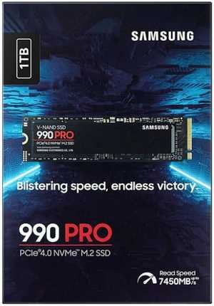 Samsung 990 Pro 1 TB NVMe M.2 Internal SSD, PCIe Gen 4.0 x4, NVMe 2.0 Interface, 7450 MB/s Sequential Read Speed, 6900 MB/s Sequential Write Speed, V-NAND 3-bit MLC | MZ-V9P1T0BW