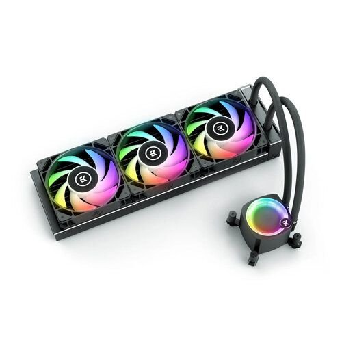 EK-Nucleus AIO CR360 Lux D-RGB Liquid CUP Cooler, 360mm Radiator, 120mm EK-Loop FPT Fans, 2300 RPM Fan Speed, 72 CFM Airflow, Rotatable Pump Top, ARGB Lighting, Black | 3831109851685