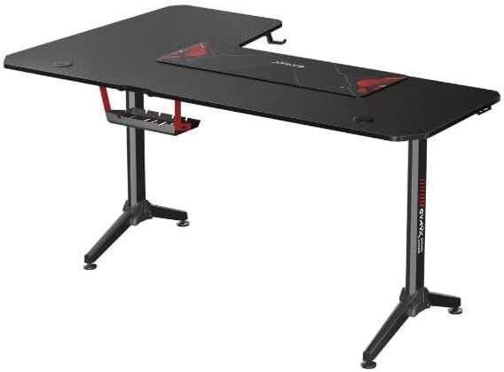 Gamax HY-R L-Shaped Gaming Table with Mousepad, Headphone Hook, Cup Holder, And Cable Management, 1.2mm Thick Steel, P2 Carbon Fiber Grain, 160x100x75cm Size | HY-R