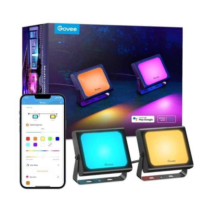  Govee RGBICWW LED Smart Flood Lights, 500 Lumens, RGBIC Technology, 2.4GHz Wi-Fi + Bluetooth Connectivity, 28+ Scene Modes, IP66 Flood Lights & IP44 Adapter Rated Protection, 4-Packs | H7060212