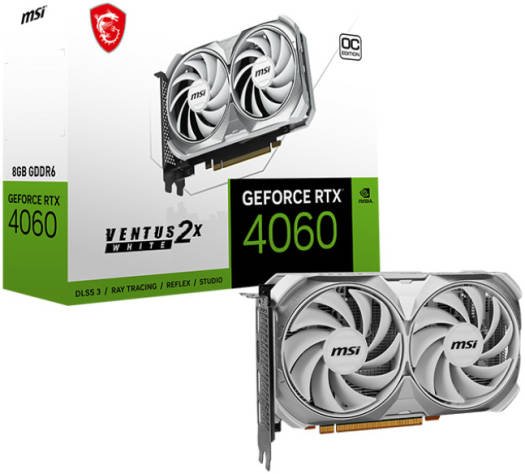  MSI GeForce RTX 4060 VENTUS 2X OC Graphics Card, 8GB GDDR6 128-bit Memory, 2490 MHz Boost Clock, 3072 CUDA, PCI E Gen 4, DP v1.4a HDMI 2.1, White | 912-V516-030