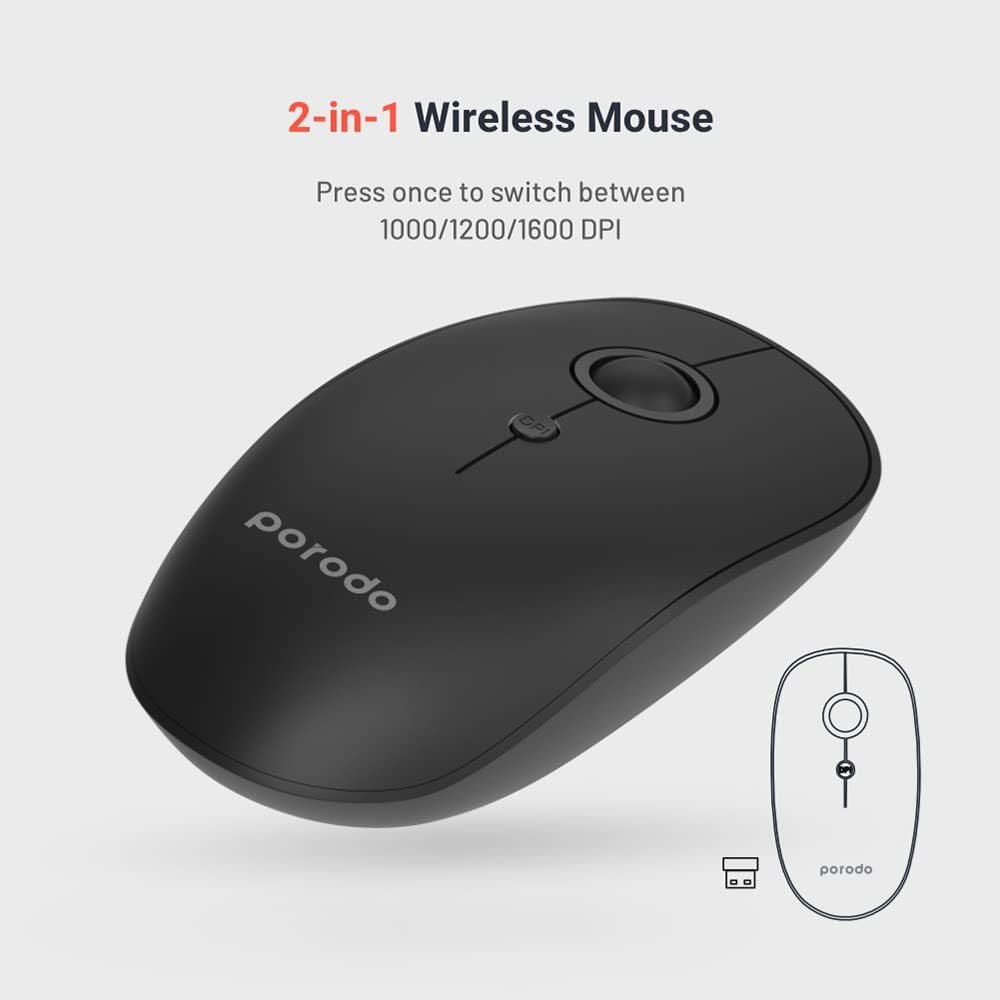 Porodo 2 in 1 Wireless Bluetooth Mouse 2.4GHz V5.0 Rubberized Surface, 3 Adjustable DPI Levels 1000 DPI, 1200 DPI, 1600 DPI, Smart Battery Life, Compatible..
