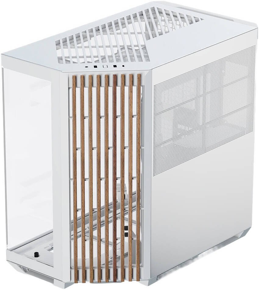 APNX V1 V1-W-WT-v1 ATX Mid Tower Glass Edition Computer Case, Up To 360mm Radiators, x10 Fan Slot, SGCC Body Material, Wood Front Panel, 0.8mm Steel Thickness, White & Wood | APCM-VI01103.21