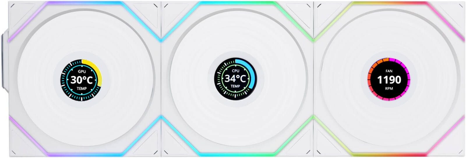 Lian-Li UNI FAN TL120 LCD Wireless Case Fan, 120mm Fan Size, 1900 RPM Fan Speed, 62 CFM Fan Airflow, Fluid Dynamic Bearing Type, PBT & PA66 Material, Pack of 3, White | 12TLLCD1W3W