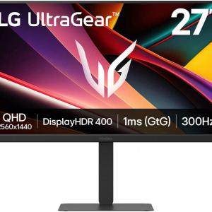 LG UltraGear G6 Gaming Monitor, 27" IPS Display, QHD Resolution, 300Hz Refresh Rate, 1ms (GtG @ Faster) Response Time, AMD FreeSync Premium & NVIDIA G-Sync Compatible | 27G640A-B