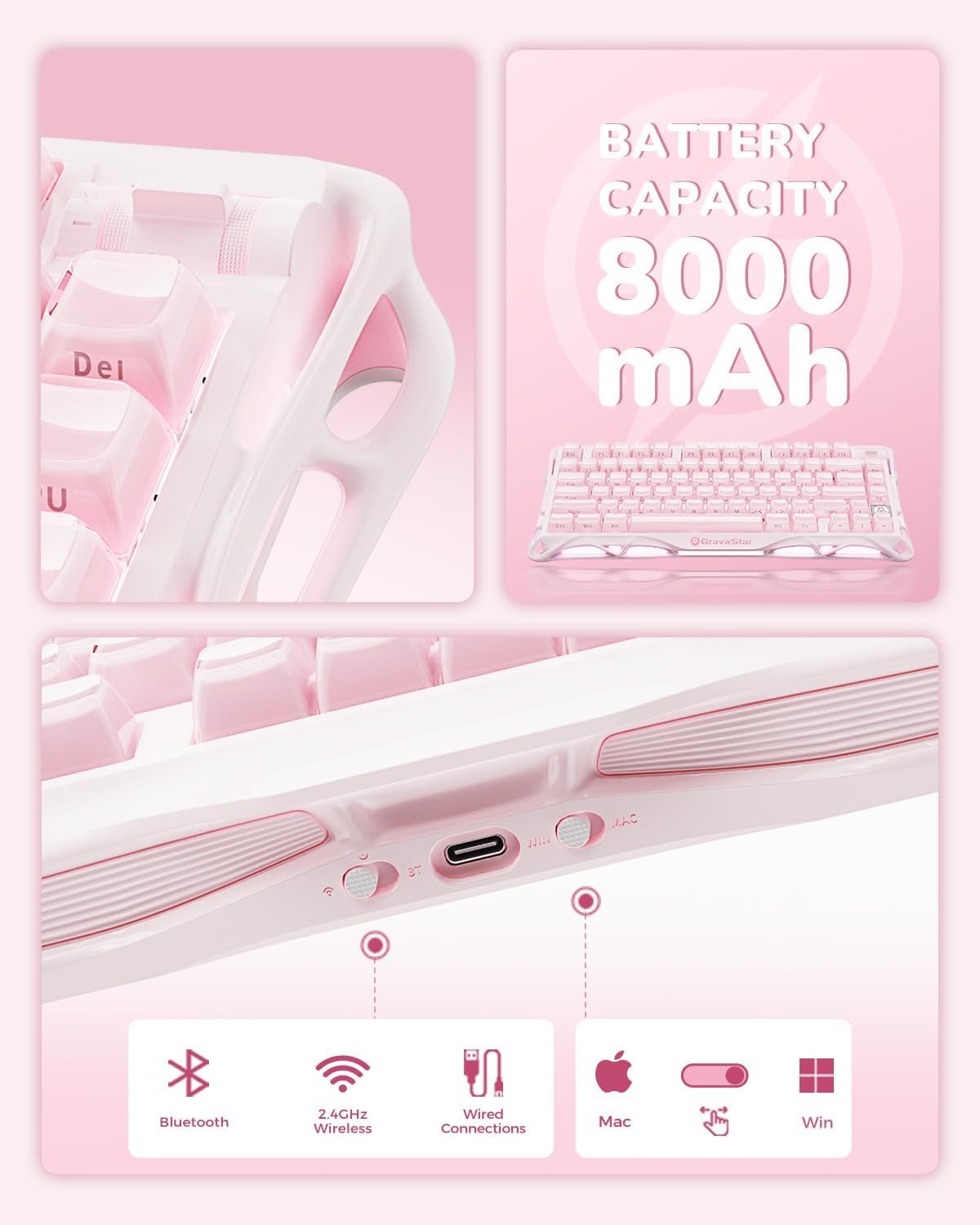 GravaStar Mercury K1 75% Pink Wireless Keyboard, Aluminum Alloy Exoskeleton Design Mechanical Gaming Keyboard, Gasket Hot-Swap Socket, Linear Switches, RGB