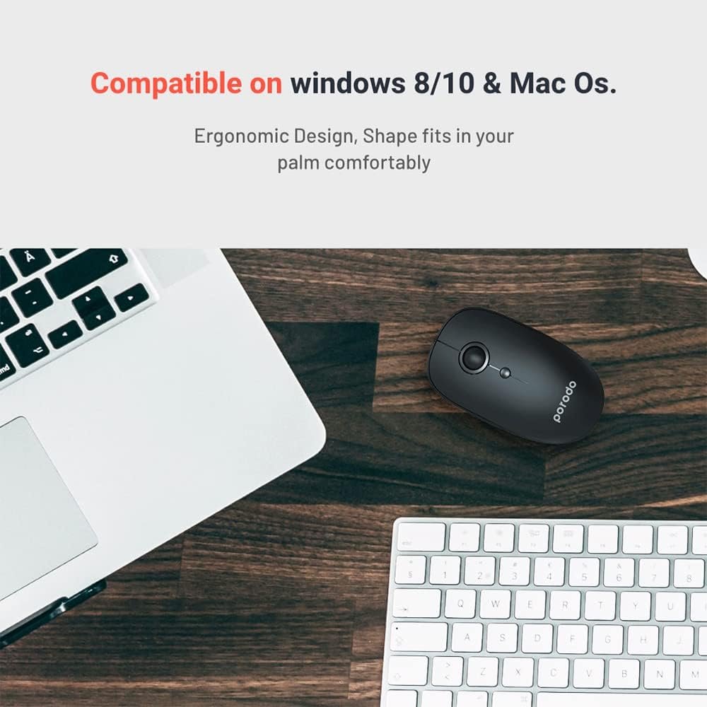 Porodo 2 in 1 Wireless Bluetooth Mouse 2.4GHz V5.0 Rubberized Surface, 3 Adjustable DPI Levels 1000 DPI, 1200 DPI, 1600 DPI, Smart Battery Life, Compatible..
